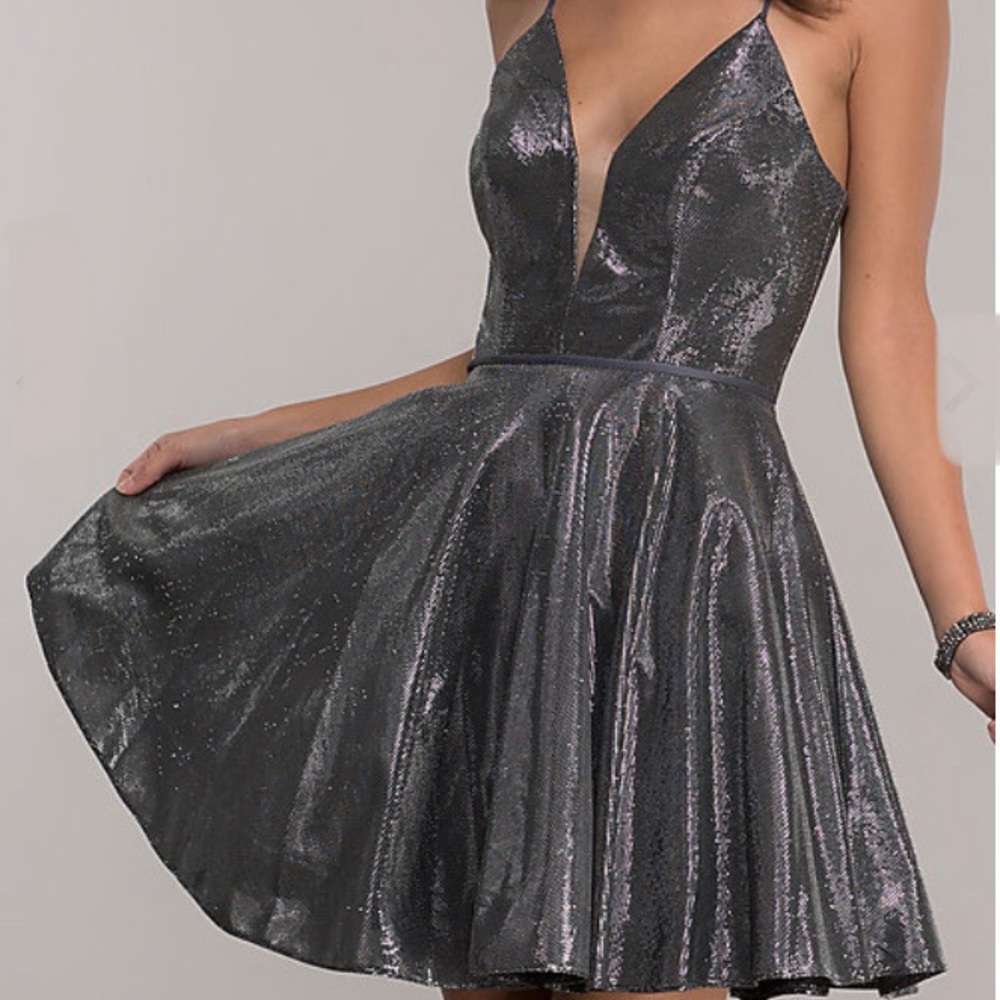 Jovani Silver Gunmetal Short Cocktail Hoco Dress Corset Tie Back Size 10 - Picture 2 of 7